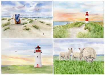 15 postcards different art postcards North Sea lighthouse Westerhever Jever beach sunset sea dune seal dyke sheep - watercolor